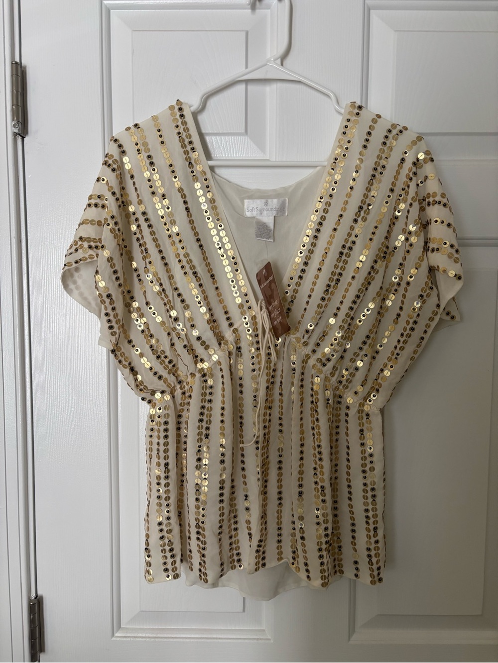 Soft Surroundings Ivory V-Neck Sequin Blouse with Gold Accents Medium NWT